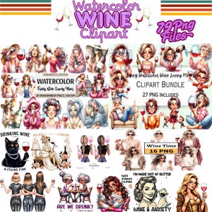 Könnte beinhalten: Ein digitales Clipart-Paket mit Aquarell-Illustrationen von Frauen, die Wein trinken. Die Illustrationen beinhalten lustige Sprüche wie "Drinking Wine & Feline Fine", "Wine Time", "Not Today Cupid", "I'm Made Out of Glitter", "Are We Drunk?" und "Wine & Anxiety".