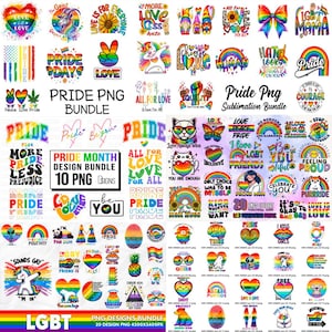 May include: A collection of colorful Pride-themed PNG designs. The images include rainbows, hearts, flags, and text such as "Love," "Pride," and "LGBT." The designs are suitable for sublimation and other creative projects.