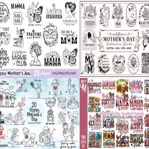 Puede incluir: Un conjunto de dise&ntilde;os digitales para el D&iacute;a de la Madre, con varios gr&aacute;ficos, texto e ilustraciones. Incluye elementos florales, mariposas y frases como "La mejor mam&aacute; del mundo" y "Feliz D&iacute;a de la Madre". Formatos SVG, PNG, EPS y DXF.