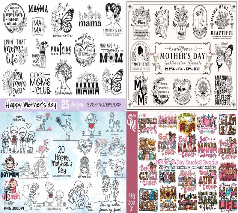 Puede incluir: Un conjunto de dise&ntilde;os digitales para el D&iacute;a de la Madre, con varios gr&aacute;ficos, texto e ilustraciones. Incluye elementos florales, mariposas y frases como "La mejor mam&aacute; del mundo" y "Feliz D&iacute;a de la Madre". Formatos SVG, PNG, EPS y DXF.