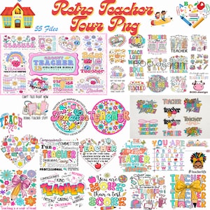 Op de afbeelding: Een verzameling kleurrijke digitale graphics met een retro leraren thema. Bevat verschillende ontwerpen met het woord "Teacher", schoolgerelateerde elementen en inspirerende citaten. Perfect voor sublimatieprojecten en knutselen.