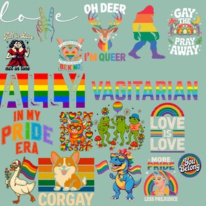 May include: A collection of colorful LGBTQ+ pride-themed graphics and text elements. Designs include a rainbow-colored deer, a bigfoot figure, a corgi, a dinosaur, and text that reads "ALLY", "VAGITARIAN", "LOVE IS LOVE", and "CORGAY".