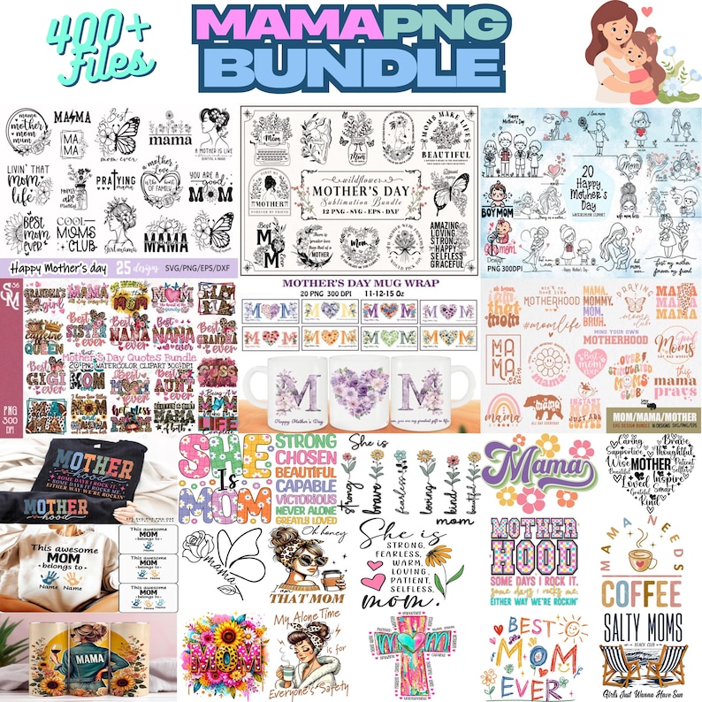 Puede incluir: Un paquete de arte digital con m&aacute;s de 400 archivos, con varios dise&ntilde;os tem&aacute;ticos del D&iacute;a de la Madre. Incluye gr&aacute;ficos para tazas, camisetas y otros art&iacute;culos, con texto como "Mam&aacute;" y elementos florales.