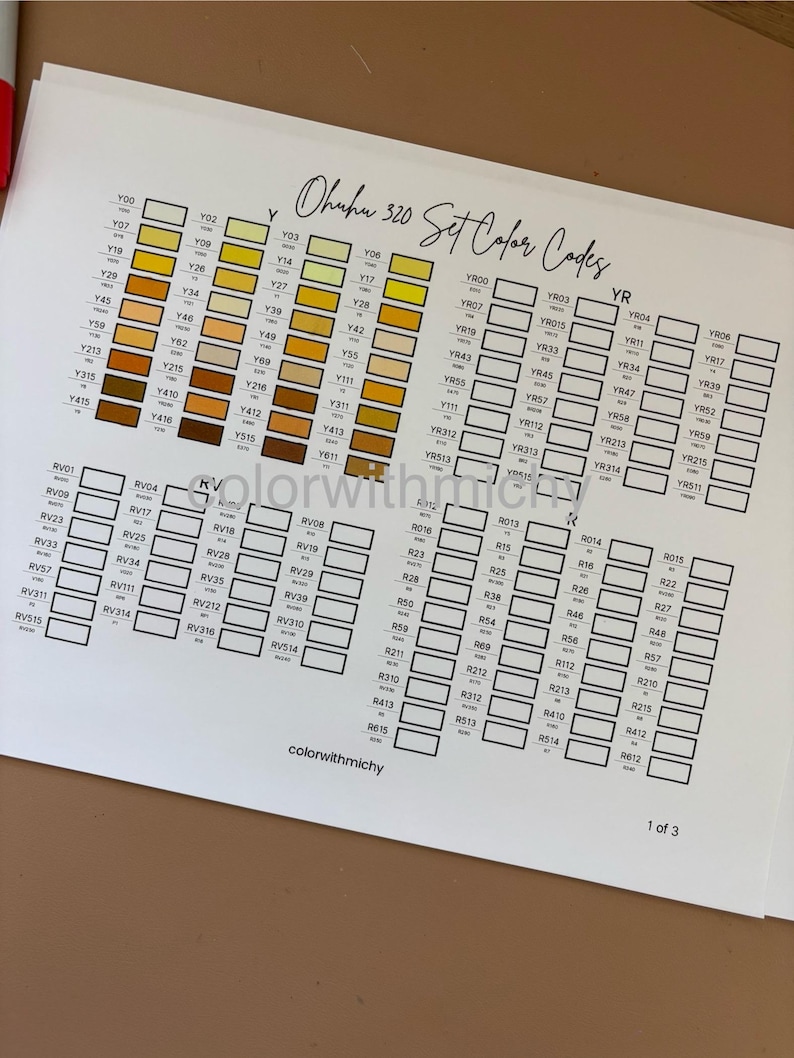 May include: A color chart for Ohuhu 320 Set markers, featuring a grid of color codes and swatches. The chart includes various shades of yellow, brown, and red, with the text "Ohuhu 320 Set Color Codes" at the top. The website colorwithmichy is at the bottom.