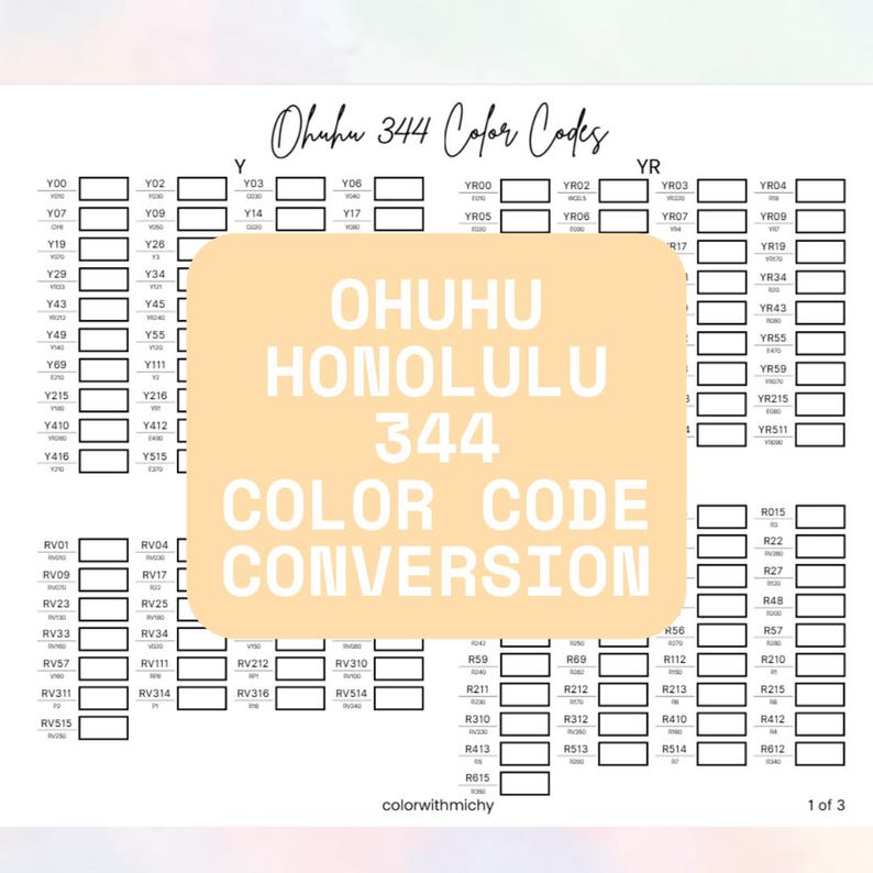 May include: A black and white chart with color codes for Ohuhu Honolulu 344 markers. The chart includes color swatches and the text "OHUHU HONOLULU 344 COLOR CODE CONVERSION".