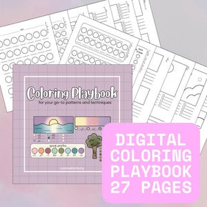 May include: A digital coloring playbook with 27 pages, featuring various patterns and techniques. The cover is a light purple with the title "Coloring Playbook" and includes illustrations of a sunset, color swatches, and a tree. Additional pages are visible in the background.