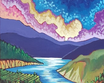 May include: A painting of a landscape with a winding river, mountains, and a forest in the foreground. The sky is a vibrant purple and blue with yellow clouds. The river is a bright blue and reflects the light of the sky. The forest is a mix of green and yellow trees.