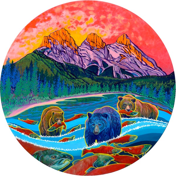 Chaîne de montagnes des Three Sisters Canmore/Bears frayant le saumon, impression d'art sur toile ronde par l'artiste Stephanie Perry
