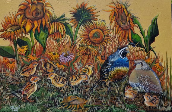 Quail family chicks sunflowers art print on canvas