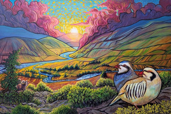 Sun Setting on the Chukars: Kamloops Okanagan landscape print of painting by Artist Stephanie Perry