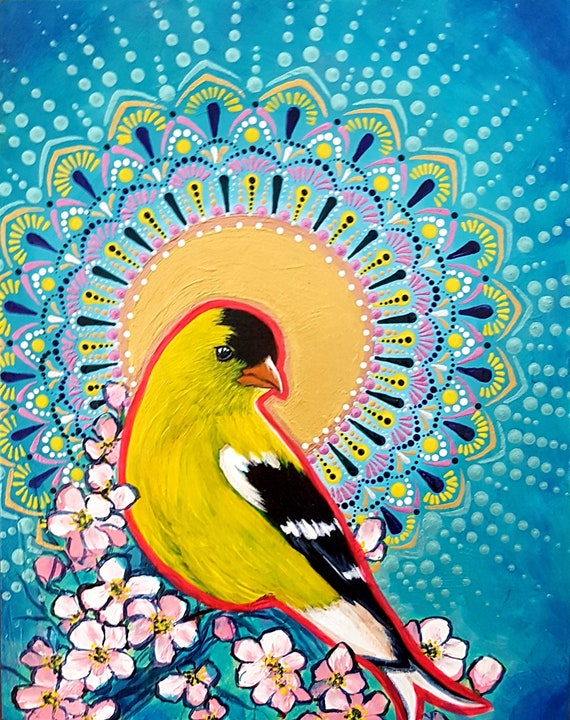American Goldfinch Mandala divinity painting print on canvas by Canadian Artist Stephanie Perry
