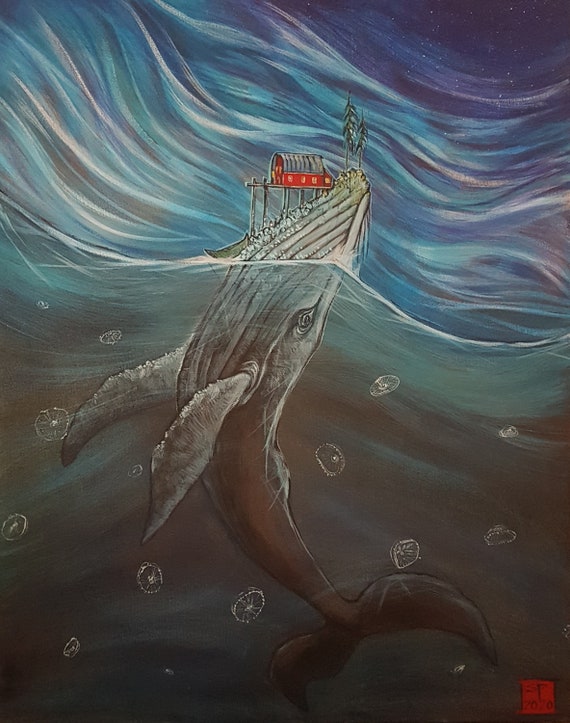 humpback whale surreal island barn ocean print on canvas