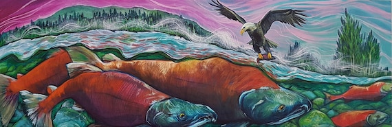 salmon spawn river eagle fishing print on canvas