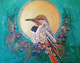 Northern Flicker woodpecker mandala canvas art print Christmas Art by Canadian Artist Stephanie Perry