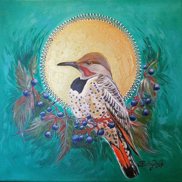 Impresión de arte en lienzo con mandala del pájaro carpintero Northern Flicker Arte navideño de la artista canadiense Stephanie Perry