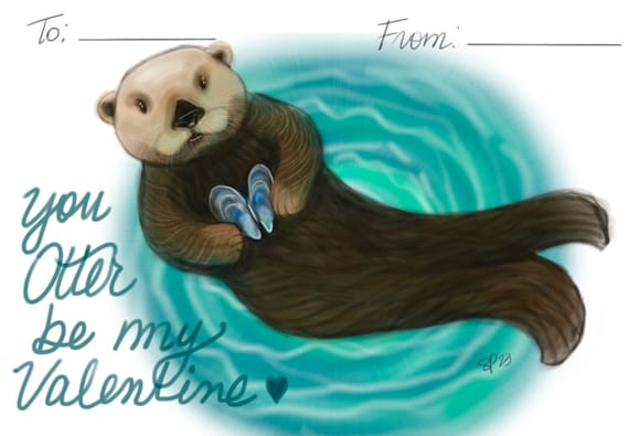 Valentine Printables of Sea Otters, Axolotl, and Burrowing Owl
