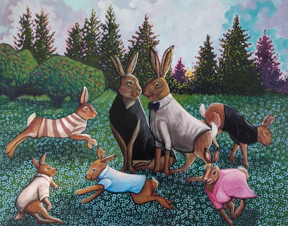 Bunny family in a field of forget me nots by Canadian artist Stephanie Perry print on canvas