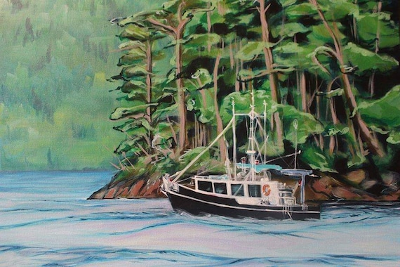 West coast Vancouver island Fishing Boat ocean art print on canvas