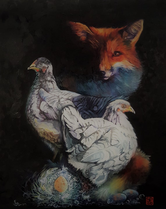 fox chicken painting, print on canvas, farm art