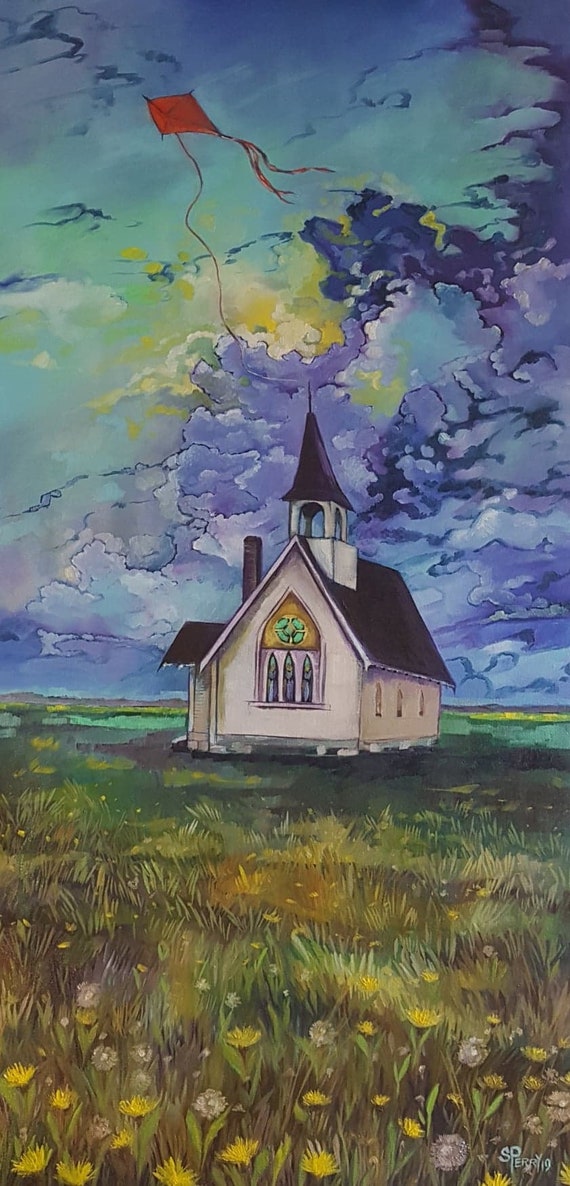 Alberta landscape Clouds church red kite canvas print art