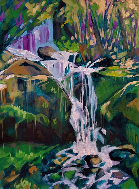 Waterfall forest Okanagan painting print on canvas