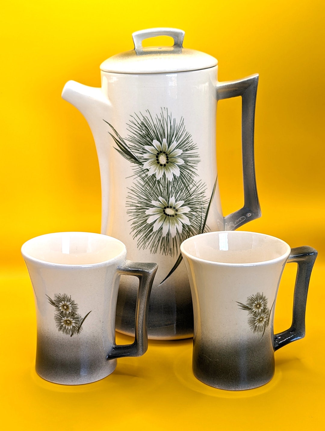 Mid Century Modern Vintage Ceramic Tea Set Daisy Cream/grey Green Ombre ...