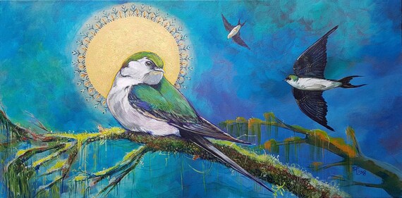 Bird Tree Swallows moon mandala art print on canvas
