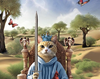 May include: A cat wearing a blue robe and a crown sits on a throne holding a sword and a cardinal. The background is a desert landscape with trees and butterflies. The text "MOORE TAROT™" is at the top of the image and "THE CAT DECK LIMITED EDITION" is at the bottom.