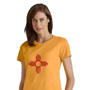Women&#39;s Distressed Zia Shirt, Missy Fit Ladies TShirt, New Mexico Flag Graphic Tee Shirt, Hand Screenprinted, Screenprinted Shirt, Gold Top