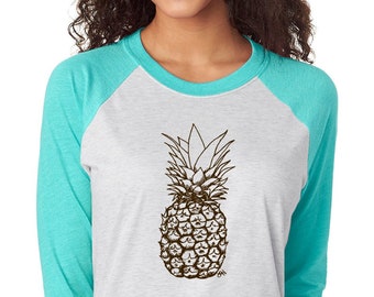 Pineapple Unisex Baseball Tee, Tropical Fruit t-Shirt, 3/4 sleeve Raglan Shirt, Food T-shirt, Summer Party, Cruise Shirt, Fresh Produce