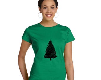 Christmas Tree Shirt For Women, Holiday Tshirt, Short Sleeve Cotton Crewneck, Hand Printed Pine Tree Camping Shirt Forrest Graphic Tee Shirt