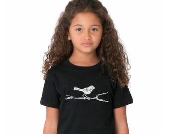 Sparrow shirt for kids, Childrens Bird Shirt, Bird Sitting on a Branch, Black Tshirt, Gift for Boy, Gift for Girl, Hand printed Graphic Tee