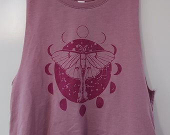 Luna Moth and Moon Phases Cropped Racerback Tank Top, Ready To ship, Hand Printed Sleeveless, Celestial Tshirt, Moon Phase, Lunar Moth Top
