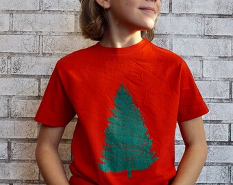 Youth Printed T-Shirt, Pine Tree Shirt, Youth SMALL ready to ship Nature Trees Forest Hiking Outdoors, Nature Gifts for Kids Screen Printed