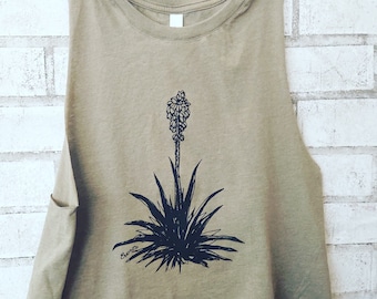 Yucca Flower Cropped Racerback Tank Top, Ready To ship, Hand Printed Sleeveless, New Mexico State Flower, Yucca Plant Shirt, Desert plants