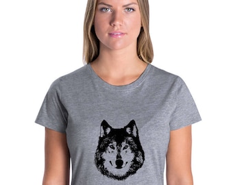 Ladies Wolf Shirt, Animal Print T-shirt, Gift for Her, Husky Dog Tee Shirt, Missy Fit Clothing, Misses Fit Tshirt, Hand Printed Graphic Tee