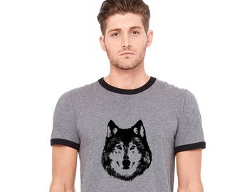 Wolf Ringer Tee Shirt, Lone Wolf Shirt, Unisex Ringer Tees, Shirts For Men, Wild Animal Tshirt, Hand Printed Graphic Tee Shirt Husky Dog Tee