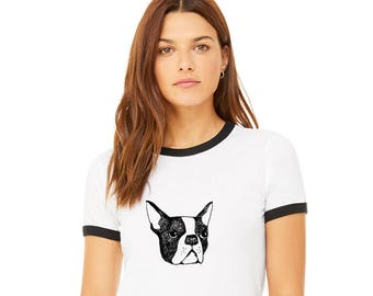 Boston Terrier Shirts for Women, Ringer Tee Shirt, Screenprinted Graphic Tee, Short Sleeved Shirt, Gift For Dog Lovers, Boston Terrier Dog