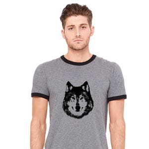 Wolf Ringer Tee Shirt, Lone Wolf Shirt, Unisex Ringer Tees, Shirts For Men, Wild Animal Tshirt, Hand Printed Graphic Tee Shirt Husky Dog Tee image 1