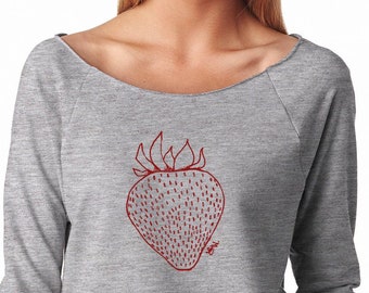 Strawberry Sweatshirt, XL Gray Cut-off Sweatshirt, Wide Neck Slouchy Lightweight Top, Hand Screenprinted, Fresh Berries Shirt, Fruit Print