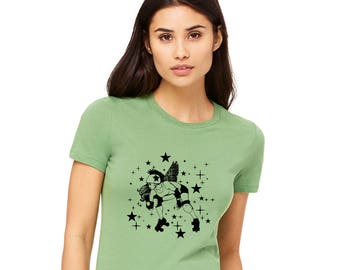 Roller Derby Tshirt, Jammer met vleugels, Hand gescreenprint Shirt korte mouwen katoen Crewneck Tshirt rolschaatsen appelgroen Skater Gift