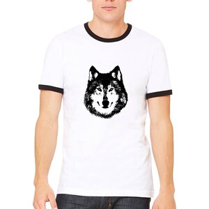 Wolf Ringer Tee Shirt, Lone Wolf Shirt, Unisex Ringer Tees, Shirts For Men, Wild Animal Tshirt, Hand Printed Graphic Tee Shirt Husky Dog Tee image 3