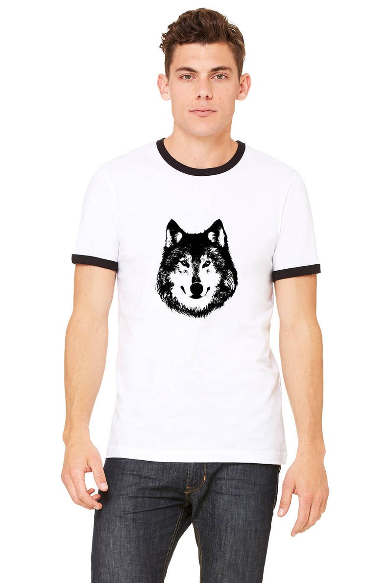 Wolf Ringer Tee Shirt, Lone Wolf Shirt, Unisex Ringer Tees, Shirts For Men, Wild Animal Tshirt, Hand Printed Graphic Tee Shirt Husky Dog Tee image 3