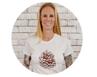 Pine Cone Tshirt, Winter Holiday, Ladies Top,  Nature, Rustic, Christmas, T Shirt Pinecone, Oatmeal Heather Cream, Screen-printed Nature Tee