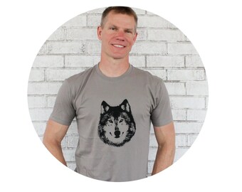 Wolf Tshirt, Screenprinted Short Sleeved Cotton Crewneck Graphic Tee Shirt Wild Animal Warm Grey Woodland Dog, Gift For Men, Unisex Clothing
