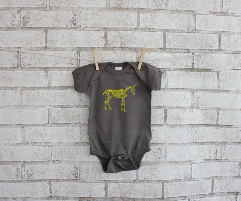 Grey Hand Printed by Artist Yellow Cotton One Piece Unicorn skeleton Baby Onepiece Bodysuit Short Sleeved Fantasy Animal Screenprint