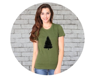 Pine Tree Shirt, Organic Women's Tshirt, Graphic Tee Shirt, Moss Green, Woodland Forrest,  Ladies Clothing, Made in USA Ethical Clothing