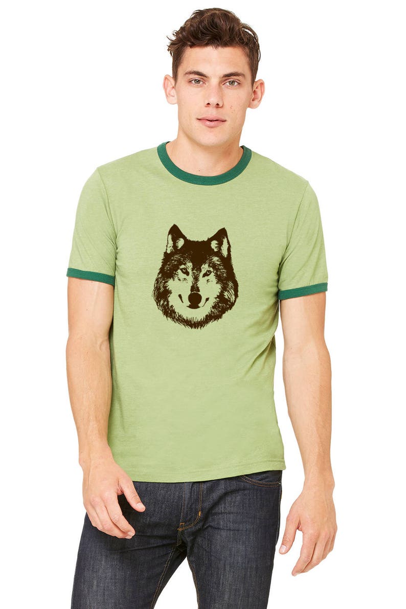 Wolf Ringer Tee Shirt, Lone Wolf Shirt, Unisex Ringer Tees, Shirts For Men, Wild Animal Tshirt, Hand Printed Graphic Tee Shirt Husky Dog Tee image 5