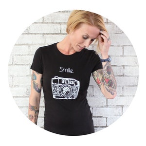 Photographer Shirt, Women&#39;s 35 mm Camera Tshirt, USA MADE  Black Crewneck Tshirt, Hand Screenprinted, Photography Gift, Christmas Gift