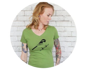 Black-Capped Chickadee Shirt, bird watcher, handmade shirt, life list, nature lover gift, Gift For Birder Ladies Vneck Tee Shirt Bird Tshirt